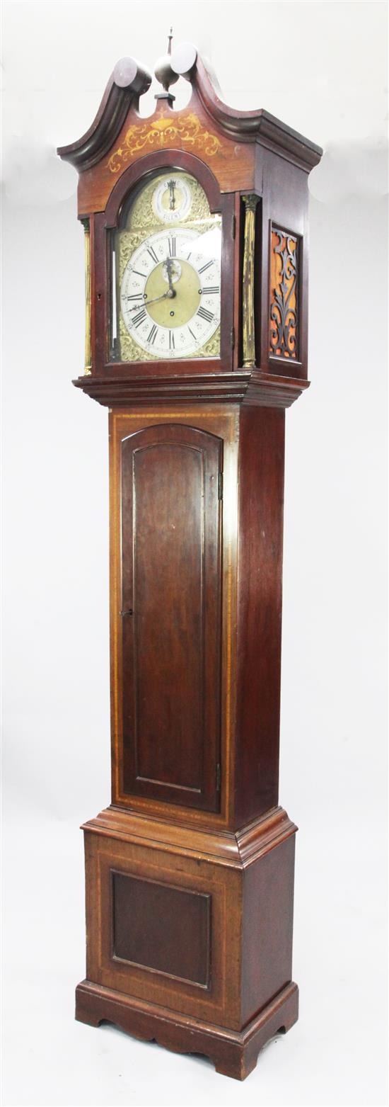 An Edwardian inlaid mahogany chiming eight day longcase clock, 7ft 9in.